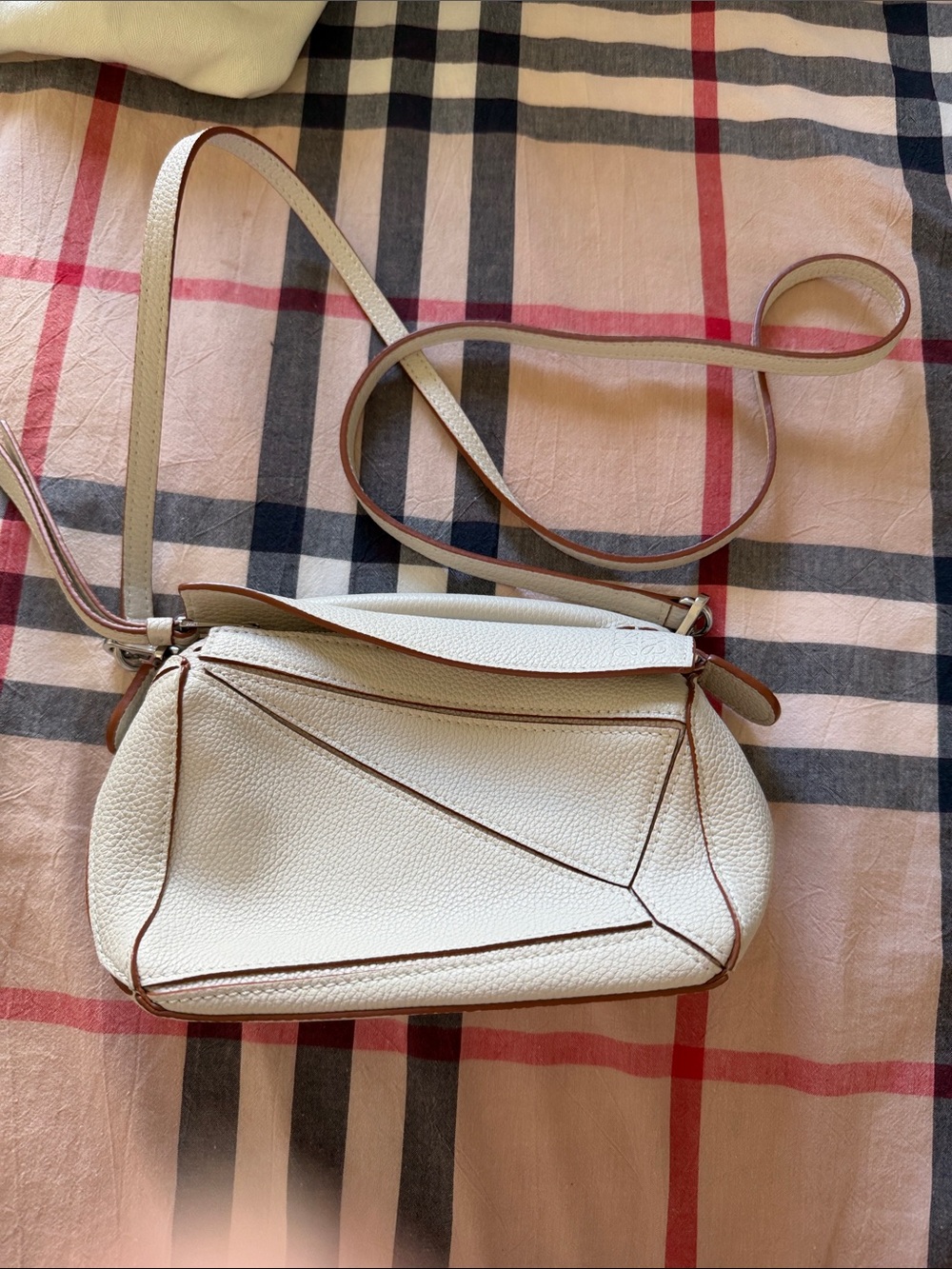 Loewe White Pebbled Leather Puzzle Crossbody with Brown Trim